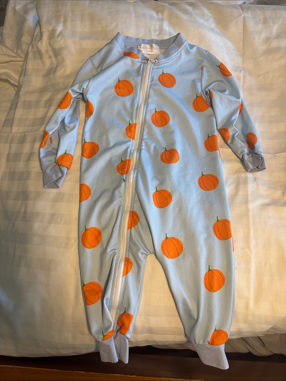 Children's Light Blue Pumpkin Print One-Piece Zip Pajamas